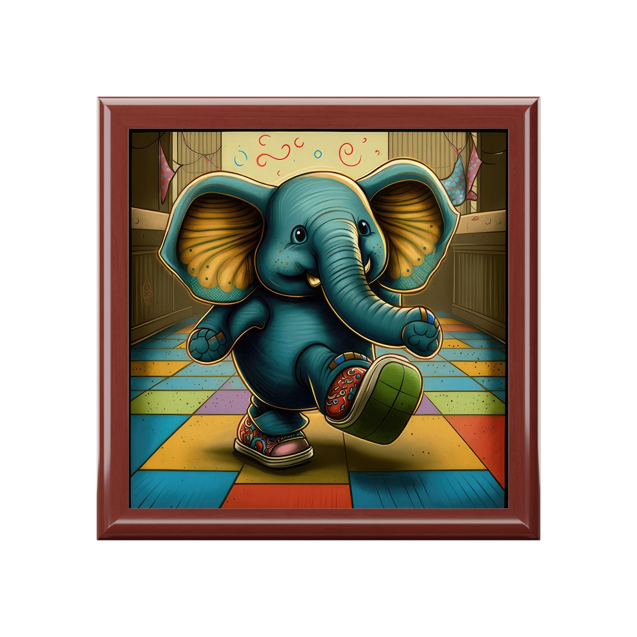 Kicking Elephant With Styling Shoes and Colorful Checkered Background Jewelry Box Jewelry Box