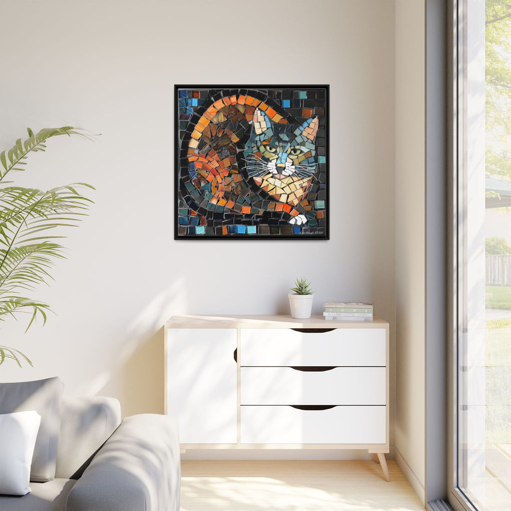 "Bold Mosaic Cat", Framed Mosaic Cat Art Print — Colorful Modern Wall Canvas