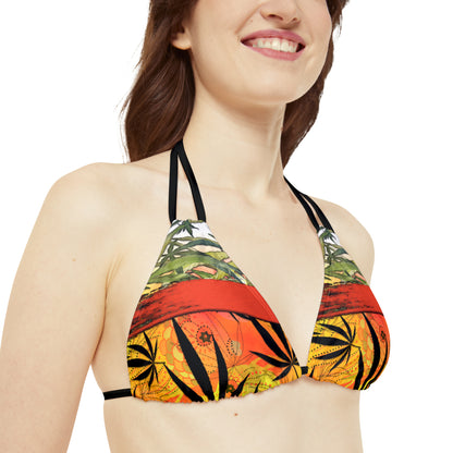 Beautiful Redish Orange Banded Marijuana 420 Pot Weed Leaf Strappy Bikini Set (AOP)