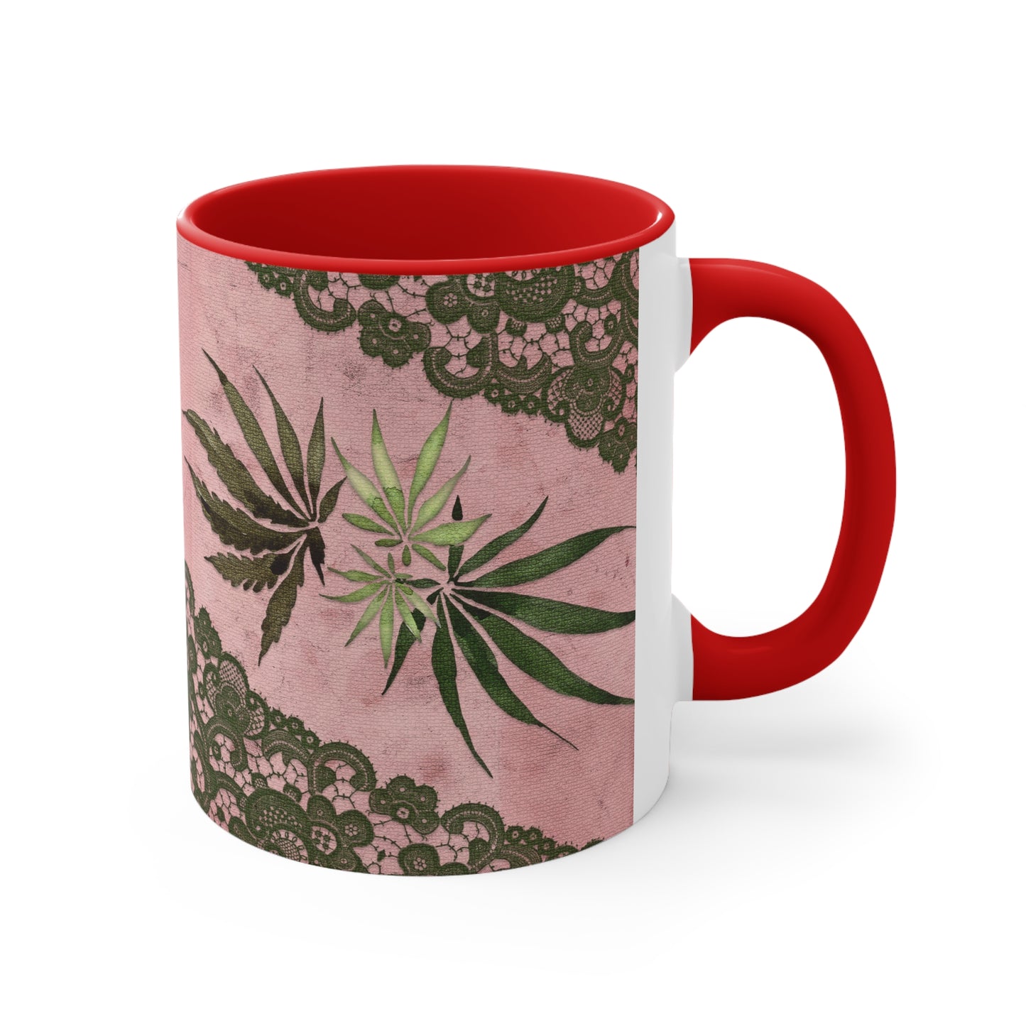 Grey Lace Gorgeous Pink Beautiful Multicolored Pot, Weed, Marijuana Leaf Accent Coffee Mug, 11oz