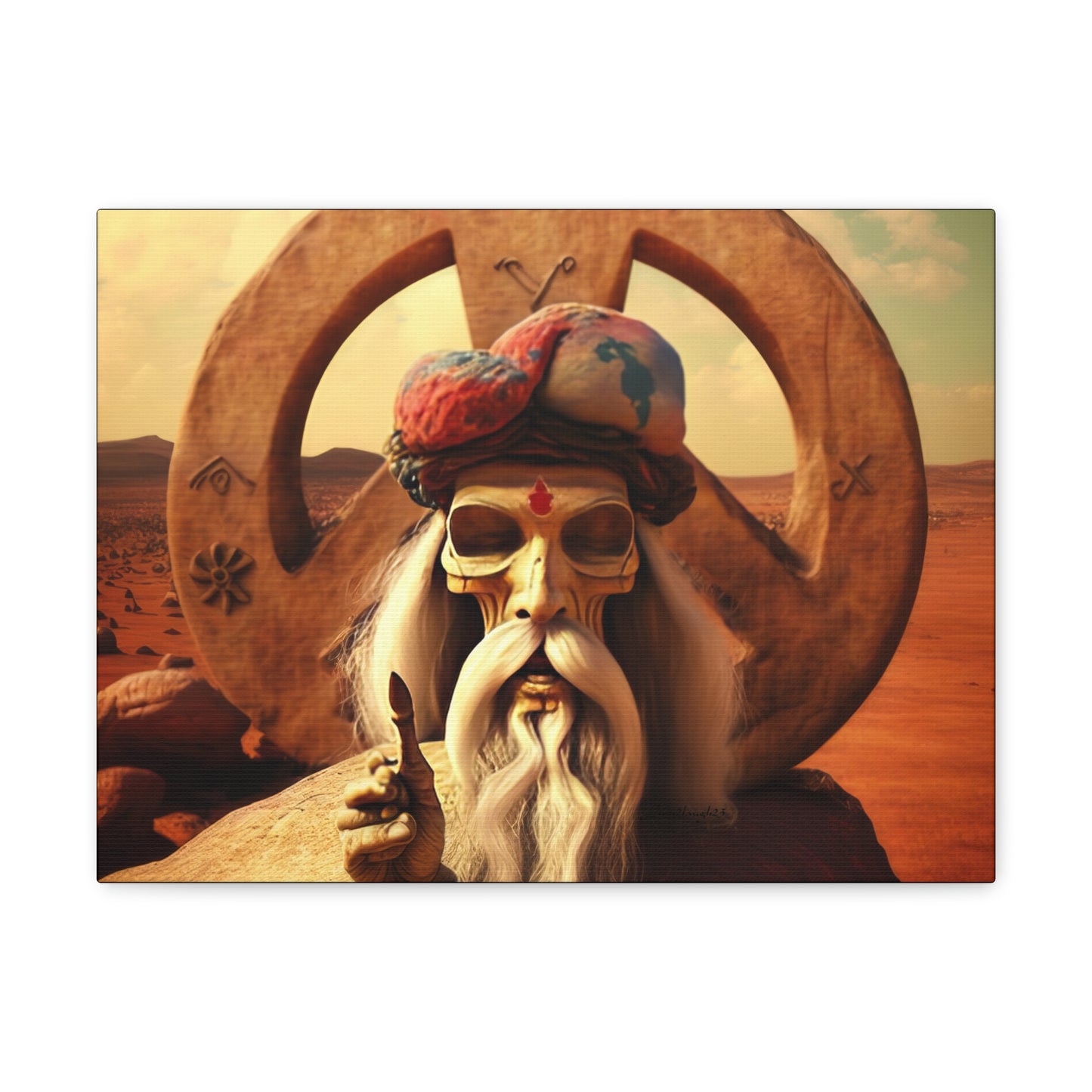 Wise Man In Dessert With Beard And Peace Sign Canvas Gallery Wraps