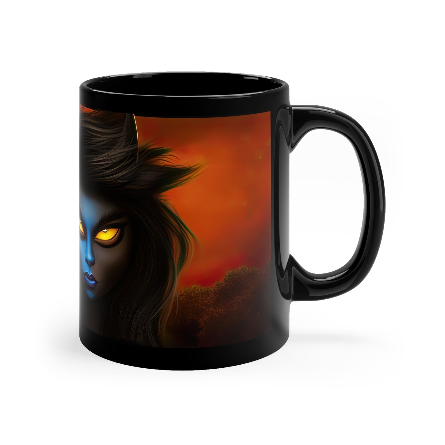 Gothic Chic With Pointy Horns, Breathtaking Moon and Background 11oz Black Mug