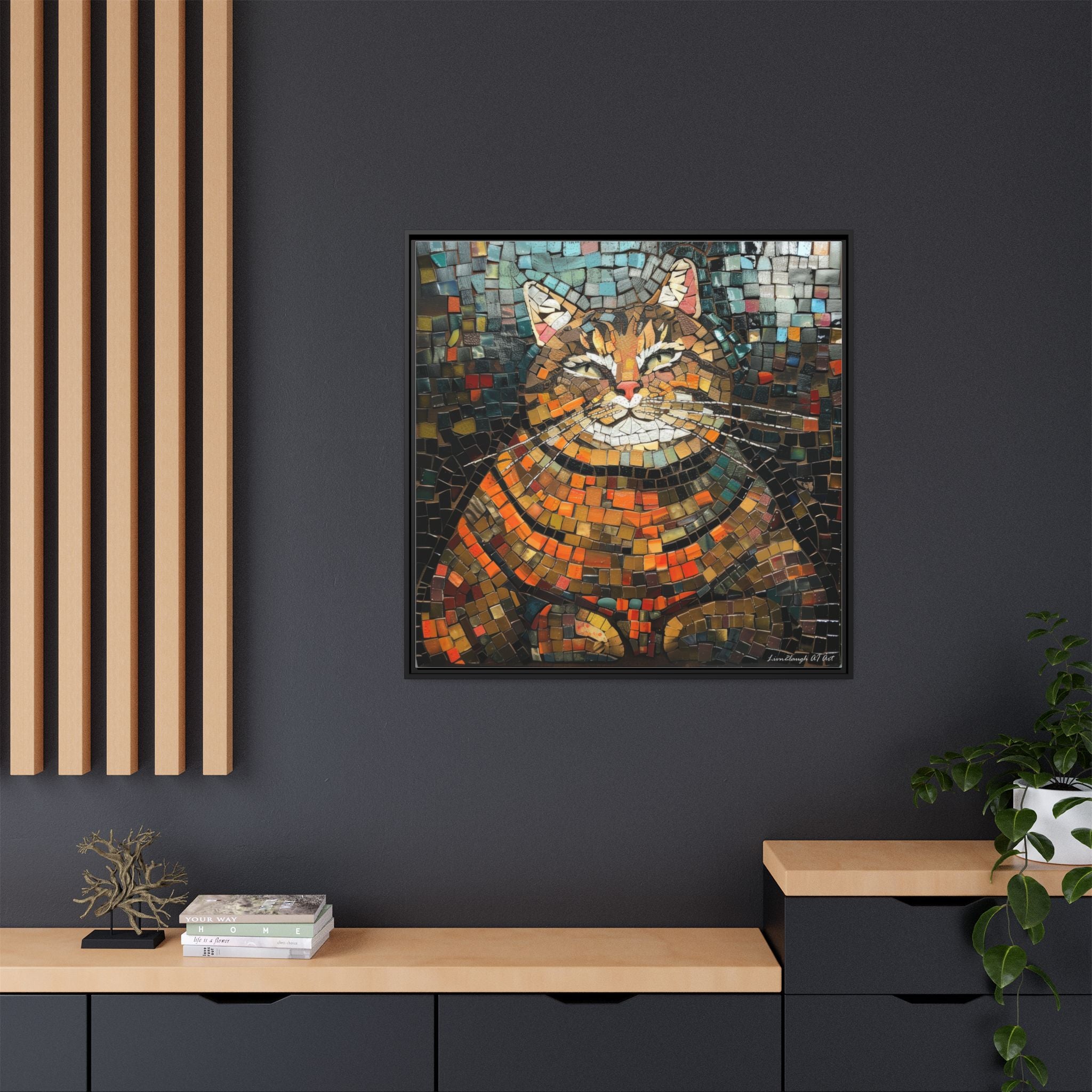 Mosaic Majesty: The Regal Cat, Framed Mosaic Cat Art Print — Colorful Modern Wall Canvas