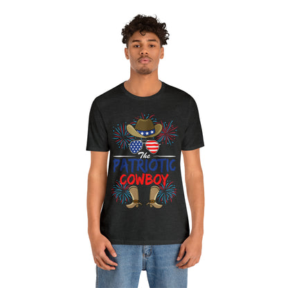 Patriotic Cowboy, American Flag 'Glasses, Cowboy Hat and Boots, Fourth of July 4th Unisex Jersey Short Sleeve Tee