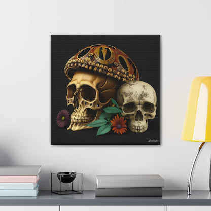 Double Skull With One Colorful Beautifully Detailed Helmet Purple Orange Flowers Canvas Gallery Wraps