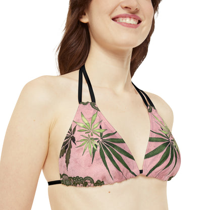 Grey Lace Gorgeous Pink Designed Marijuana 420 Weed Strappy Bikini Set (AOP)