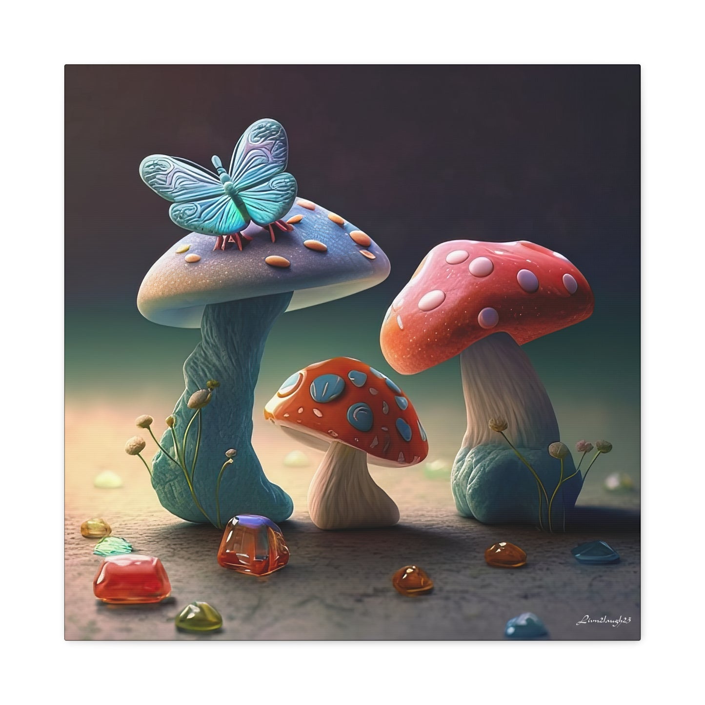 Beautiful Mushroom Luminating Colorful Bliss With Butterflies 2 Canvas Gallery Wraps