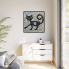 "Curious Black Cat Mosaic", Framed Mosaic Cat Art Print — Colorful Modern Wall Canvas