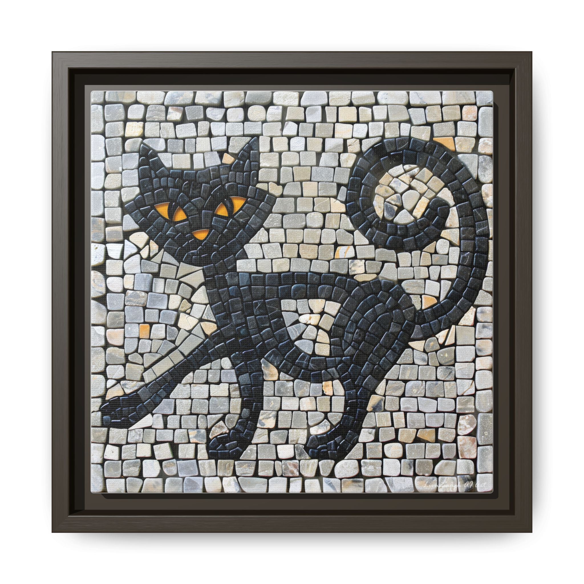 "Curious Black Cat Mosaic", Framed Mosaic Cat Art Print — Colorful Modern Wall Canvas