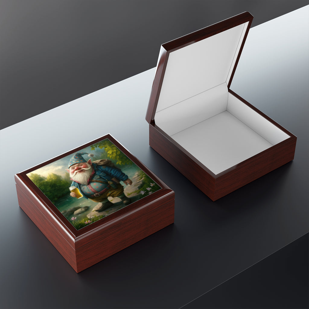 Smiling Gnome At River With Backpack, Beer in Hand Jewelry Box