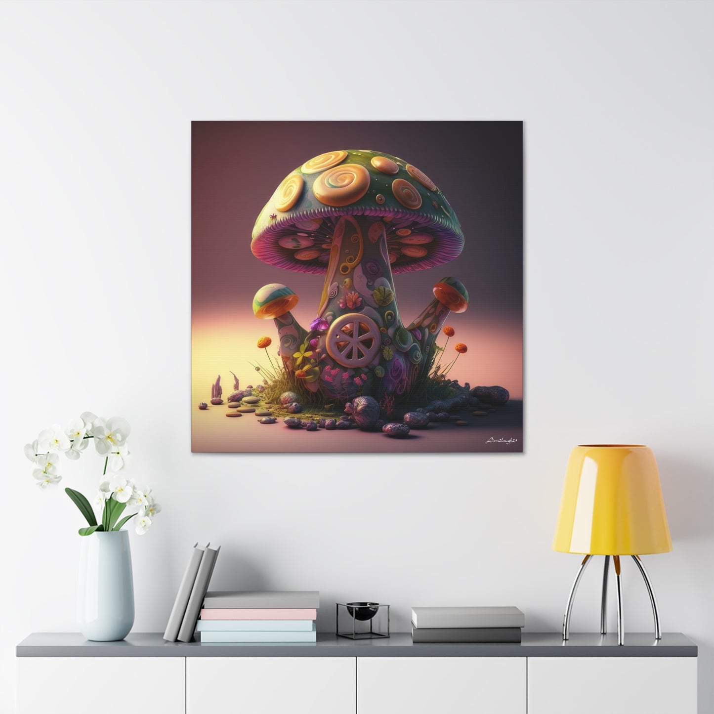 Beautiful Three Mushroom Colorful Uniquely Detailed Canvas Gallery Wraps