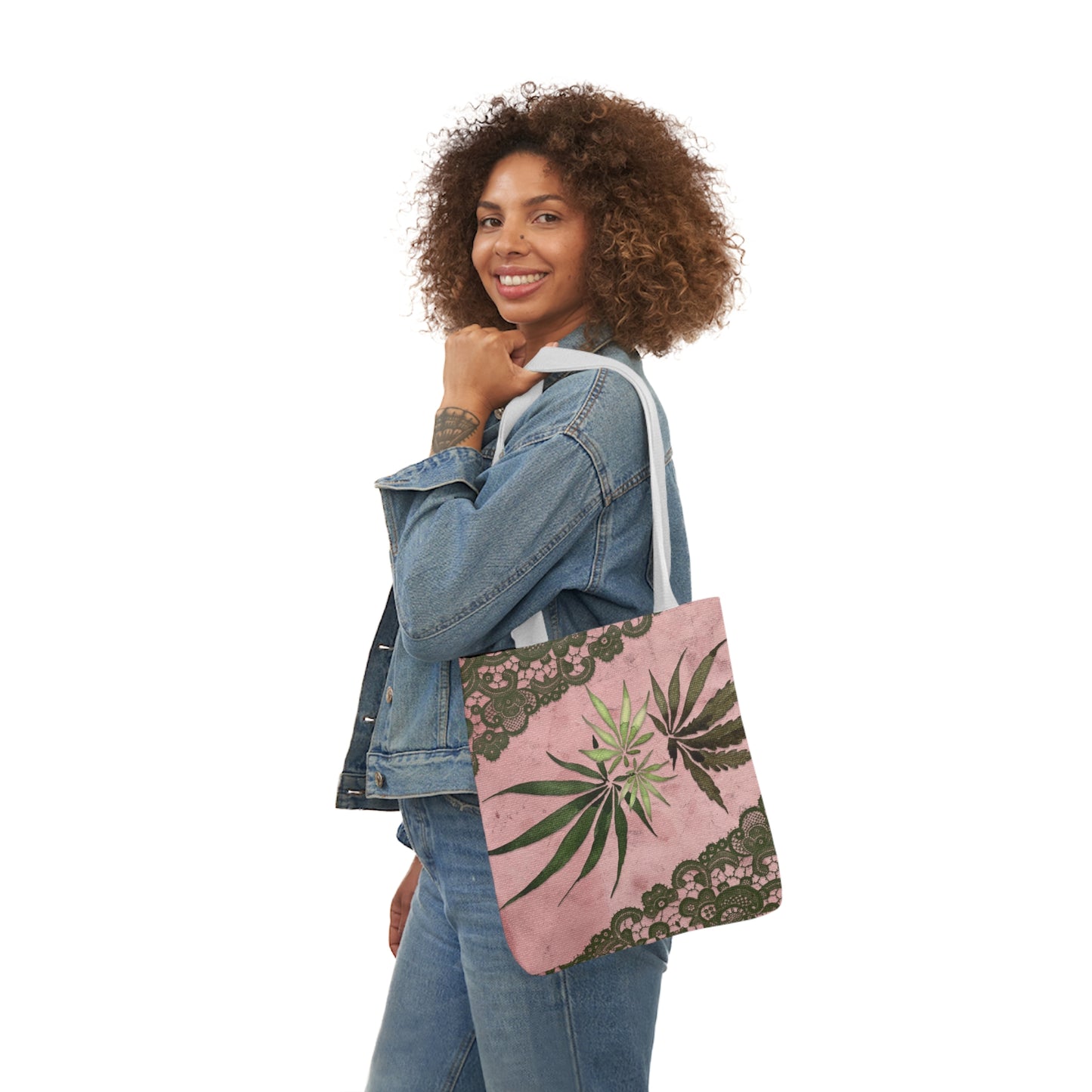 Grey Lace Gorgeous Pink Designed Marijuana 420 Weed Polyester Canvas Tote Bag (AOP)