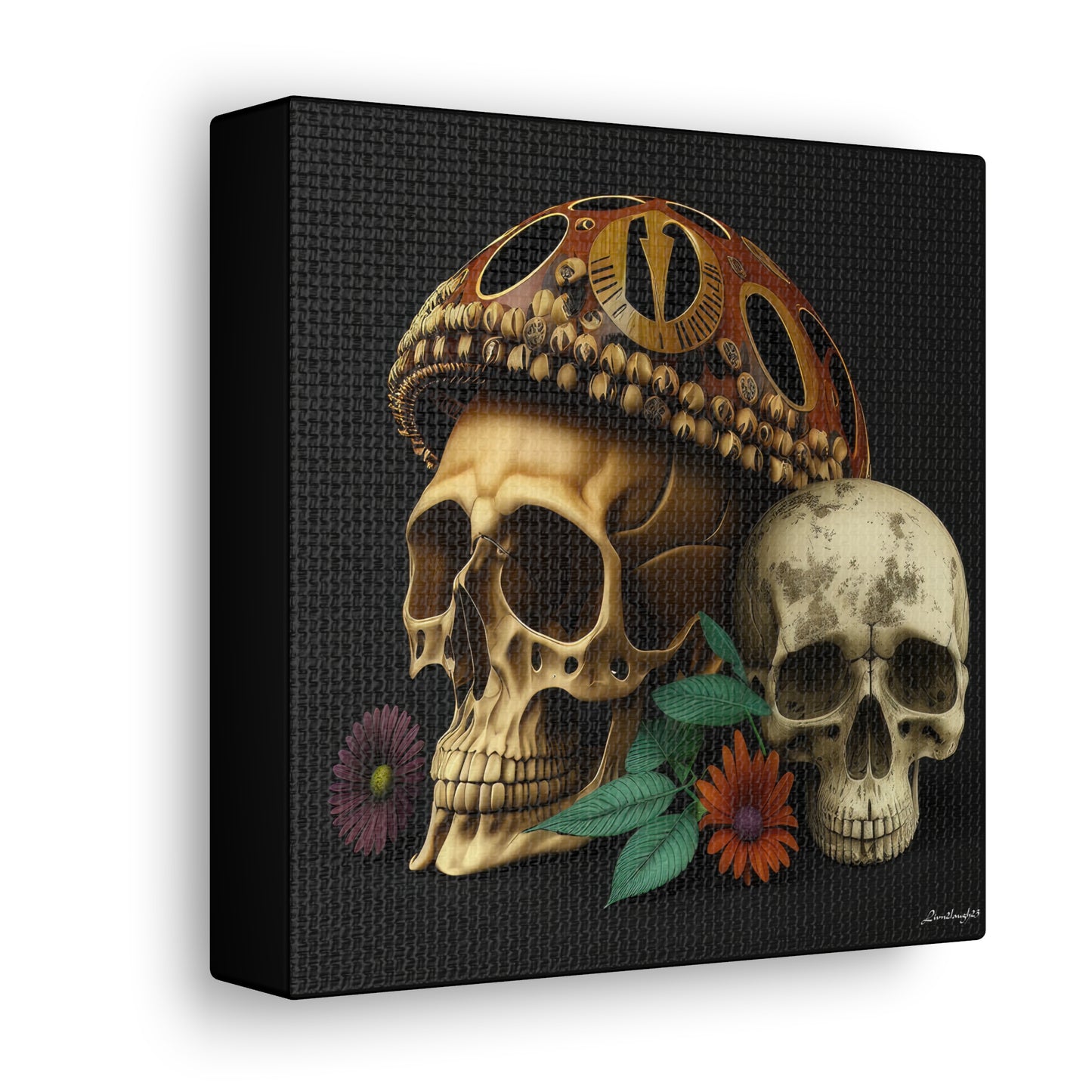 Double Skull With One Colorful Beautifully Detailed Helmet Purple Orange Flowers Canvas Gallery Wraps