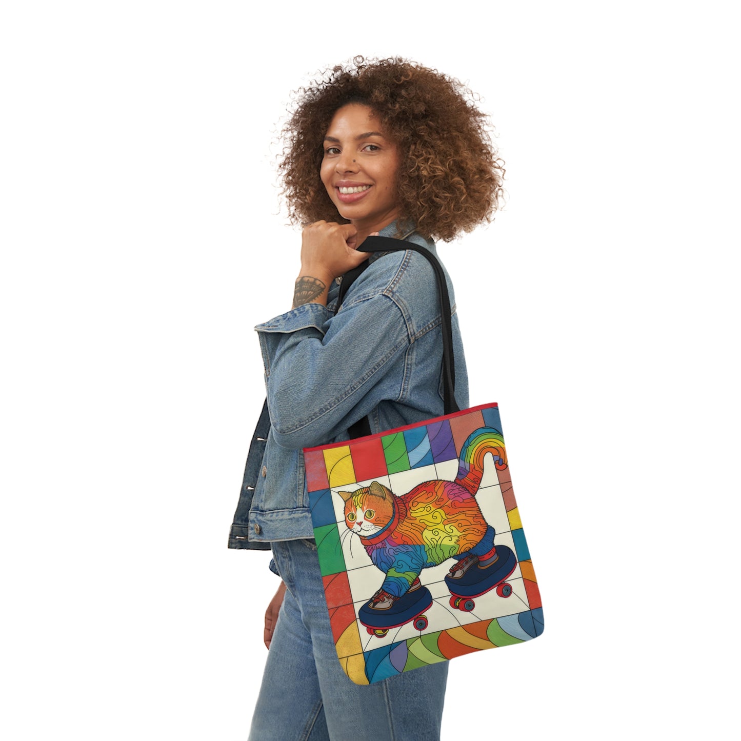 Gorgeous Rainbow Cat Riding A Skate/Skateboard With Rainbow Border Polyester Canvas Tote Bag (AOP)