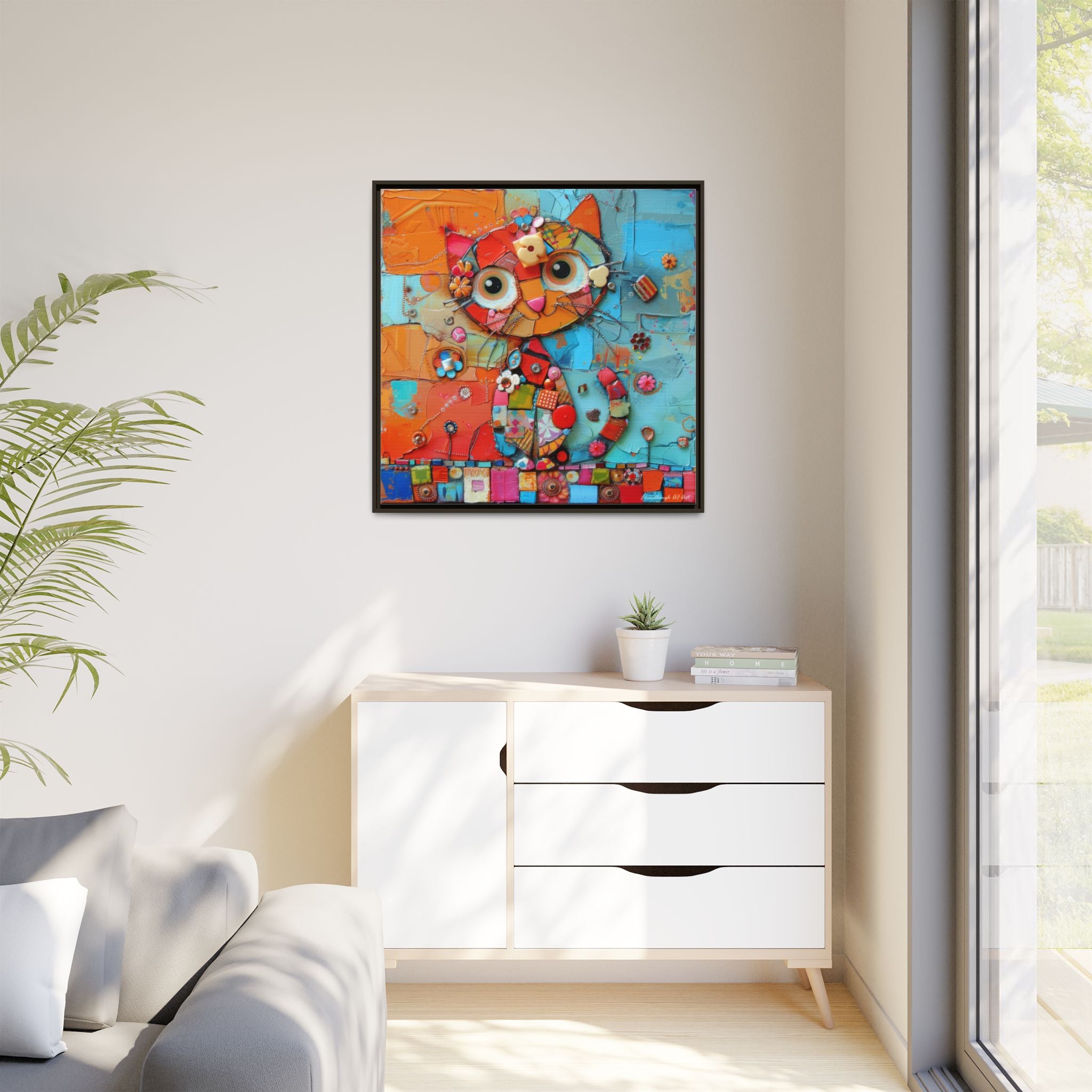 "Whimsical Mosaic Cat", Framed Mosaic Cat Art Print — Colorful Modern Wall Canvas