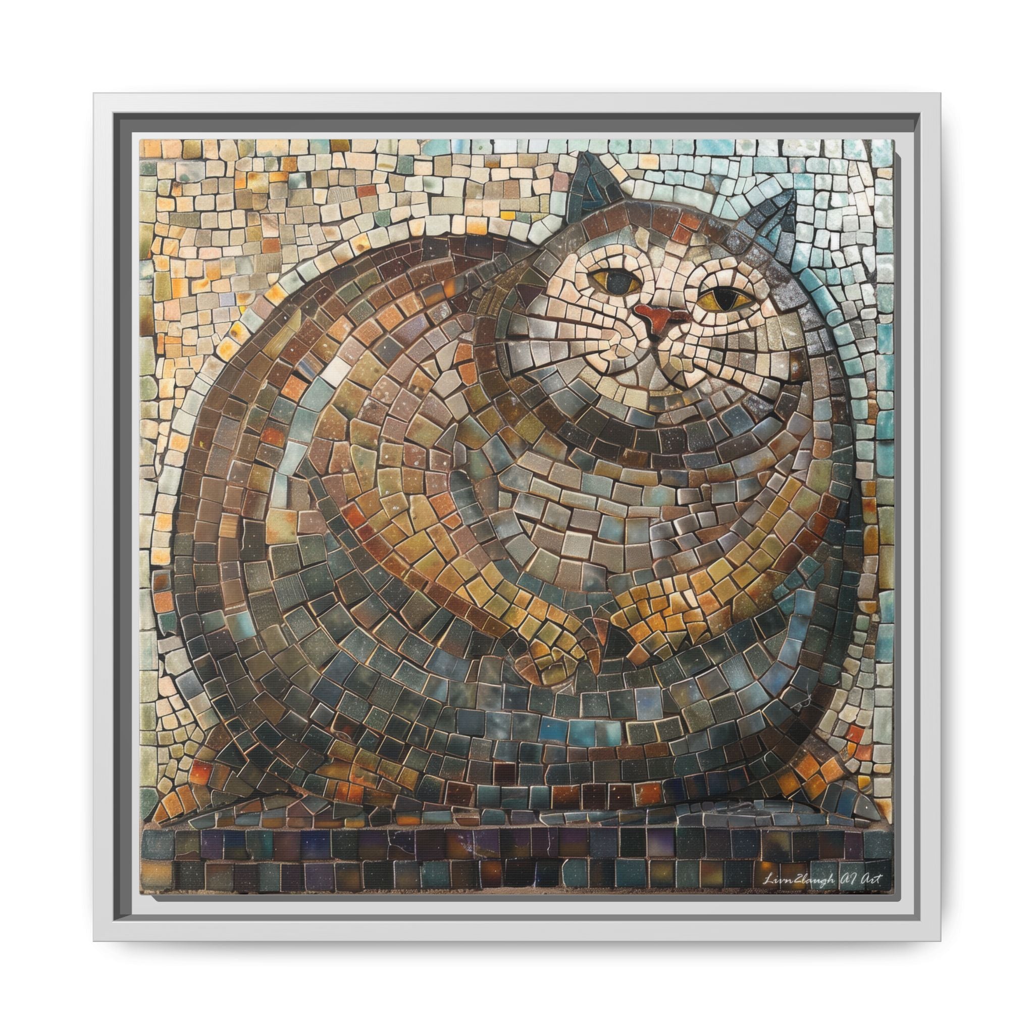 "Serene Mosaic Cat", Framed Mosaic Cat Art Print — Colorful Modern Wall Canvas