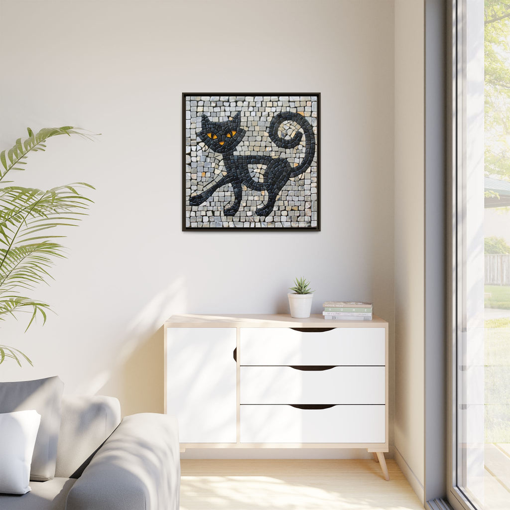 "Curious Black Cat Mosaic", Framed Mosaic Cat Art Print — Colorful Modern Wall Canvas
