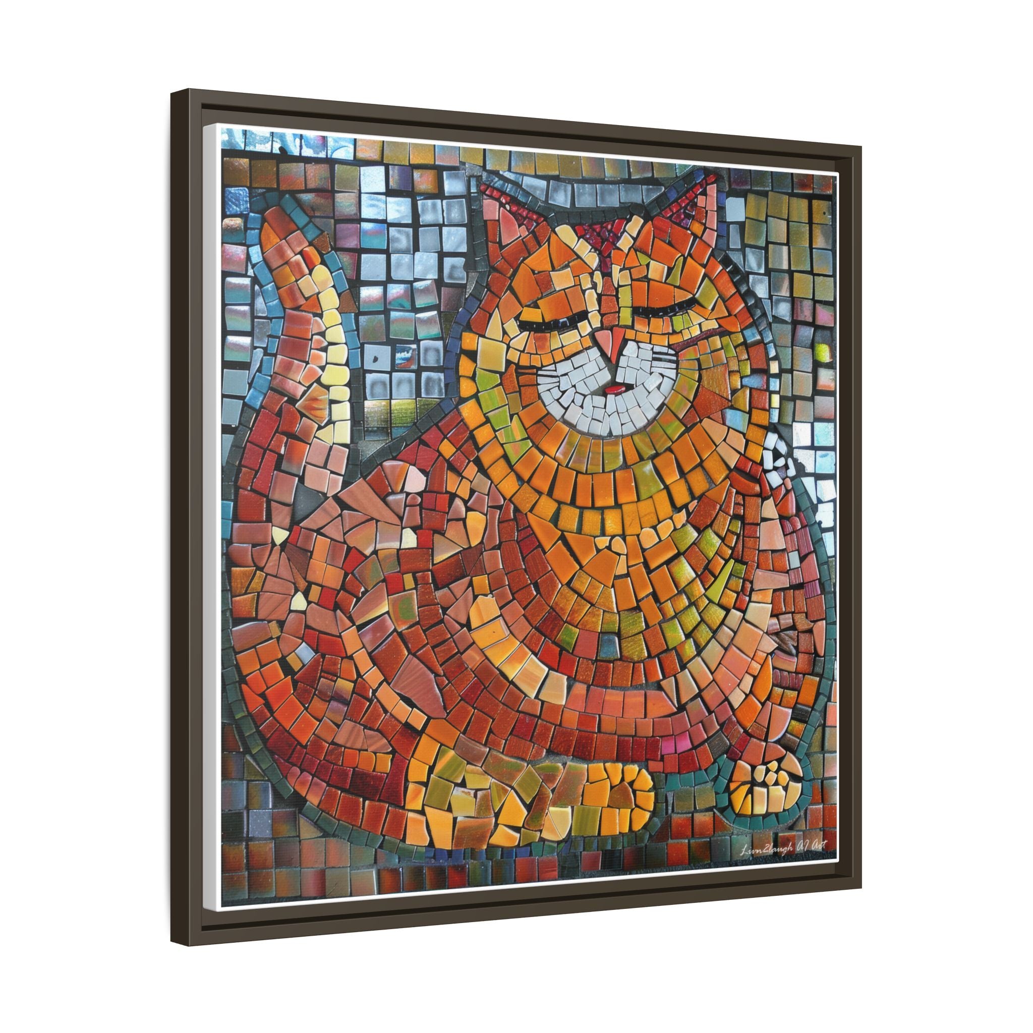 Radiant Whiskers: The Joyful Cat, Framed Mosaic Cat Art Print — Colorful Modern Wall Canvas