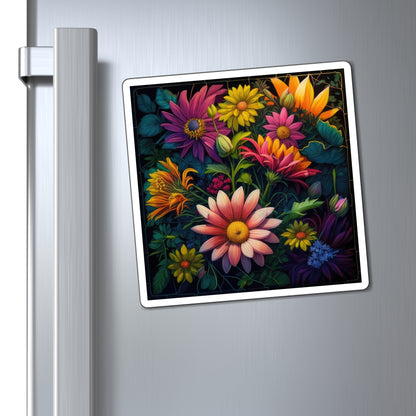 Bold And Beautiful Assortment of Flowers With Large Green Leaves Black Frame Magnets