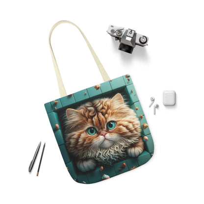 Beautiful Orange And White Fluffy Cat With Blue Eye , Blue Framed Polyester Canvas Tote Bag (AOP)