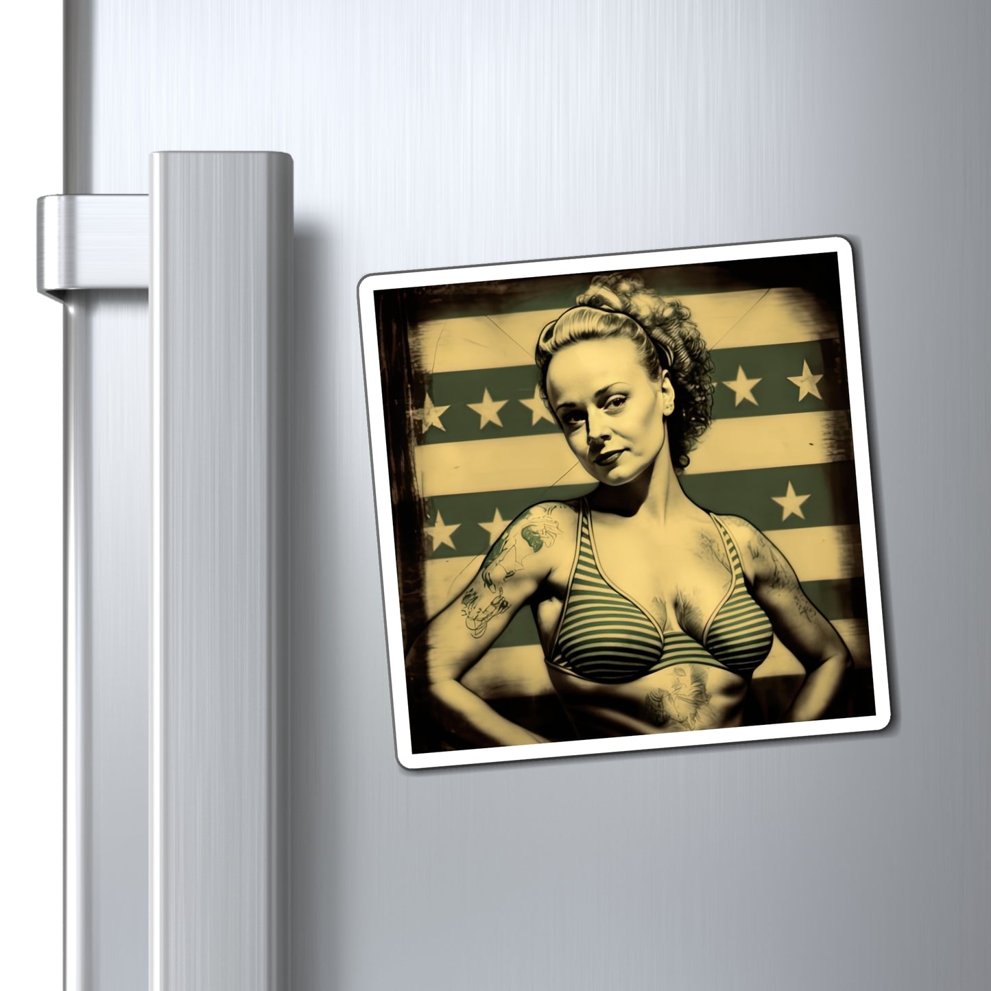 Retro Tattooed Pinup Blue, Red And White Star Magnet Style Ten