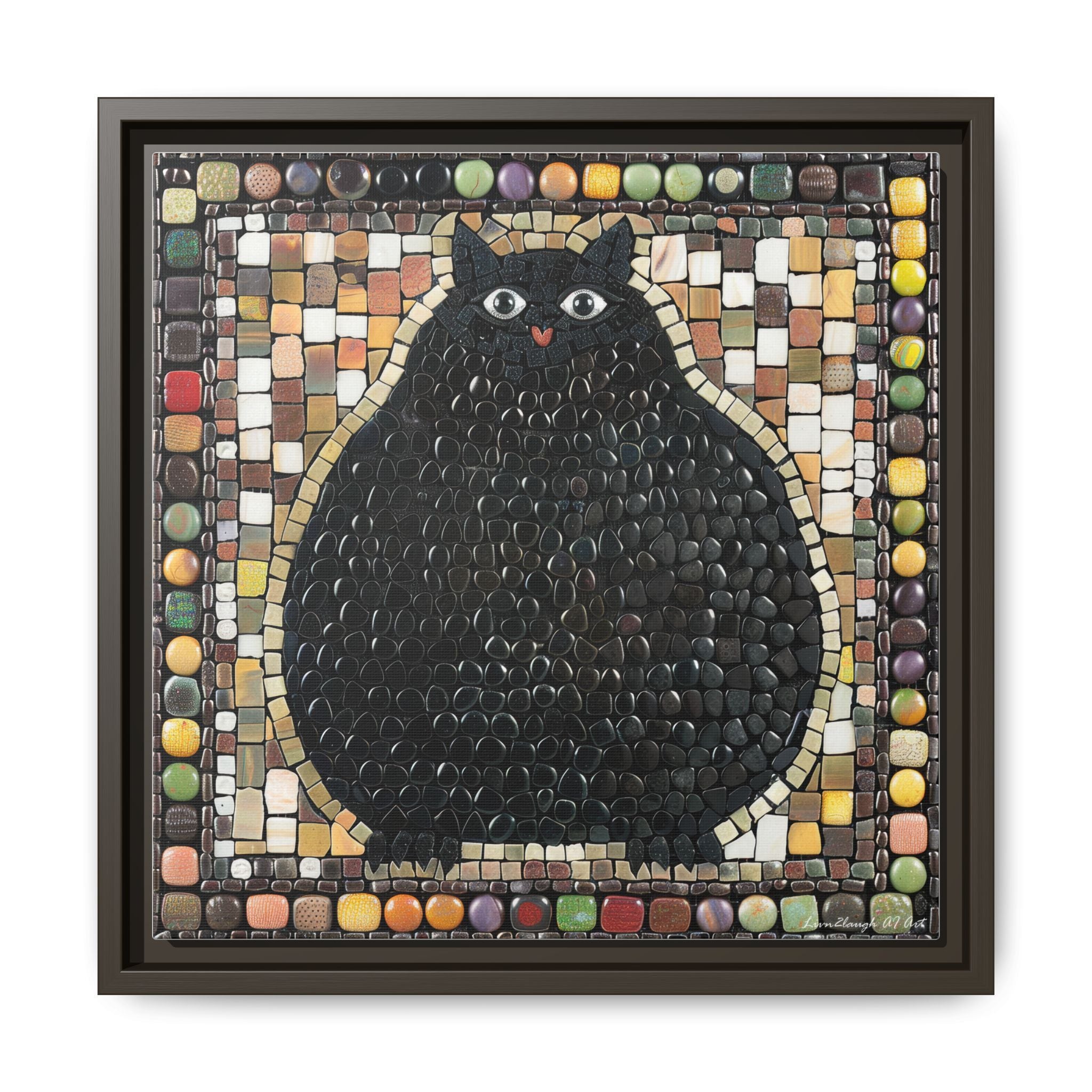 "Playful Black Cat Mosaic", Framed Mosaic Cat Art Print — Colorful Modern Wall Canvas