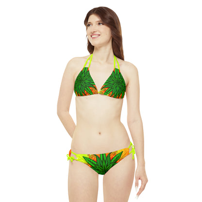 Beautifully Designed Orange, Yellow And Green Marijuana Leaf Strappy Bikini Set (AOP)