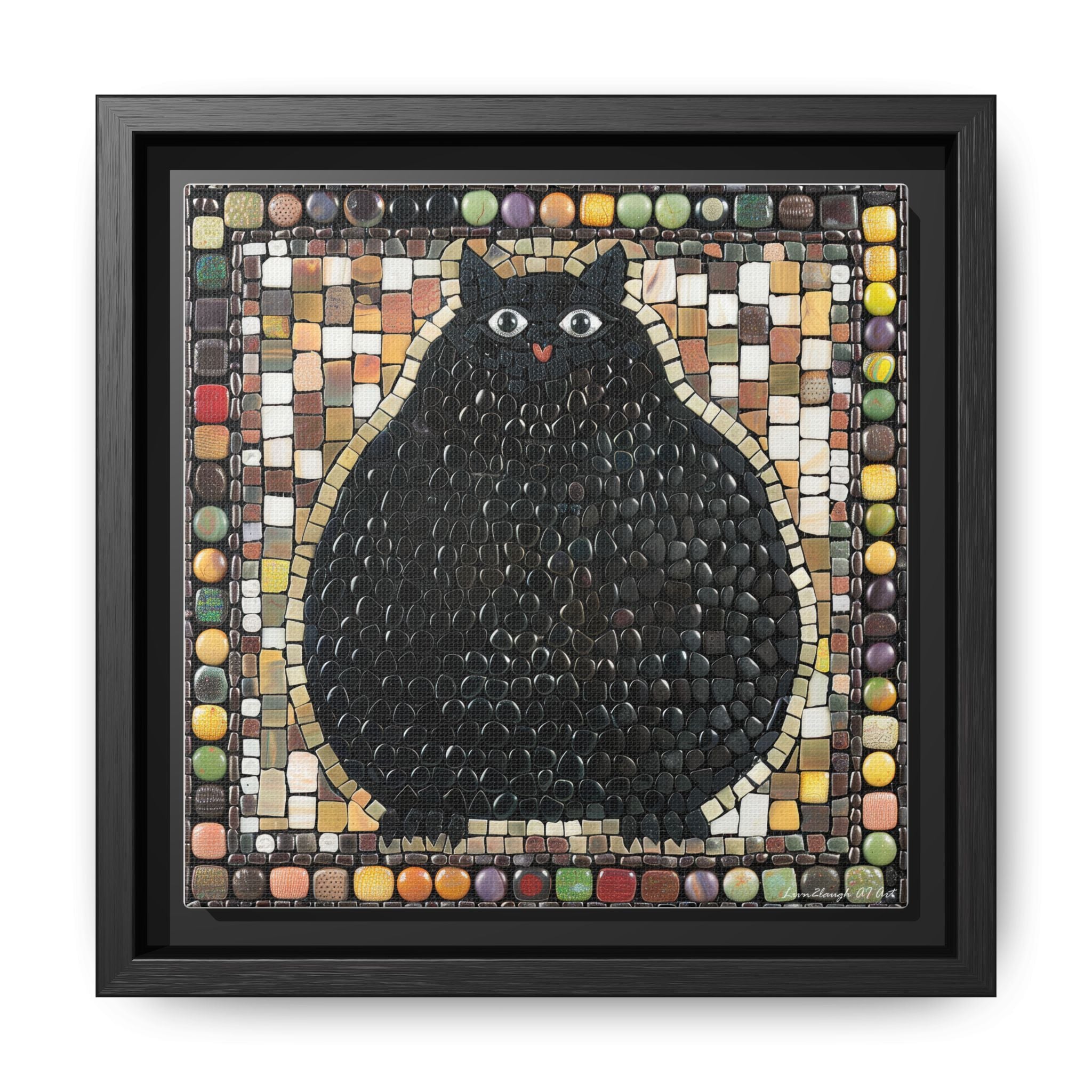 "Playful Black Cat Mosaic", Framed Mosaic Cat Art Print — Colorful Modern Wall Canvas