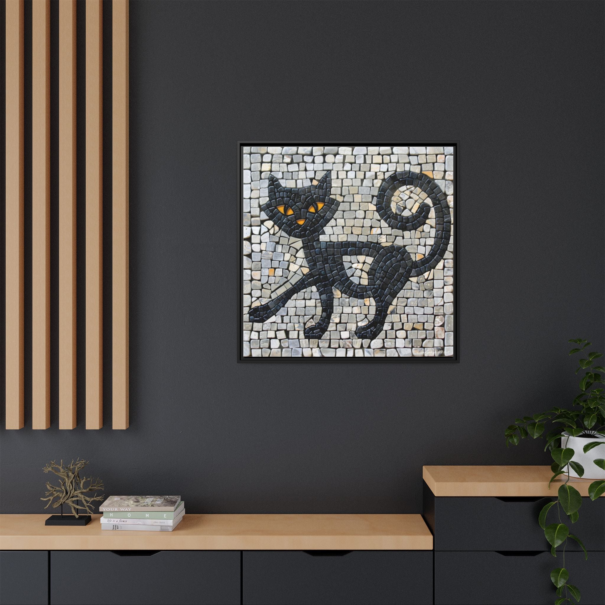 "Curious Black Cat Mosaic", Framed Mosaic Cat Art Print — Colorful Modern Wall Canvas