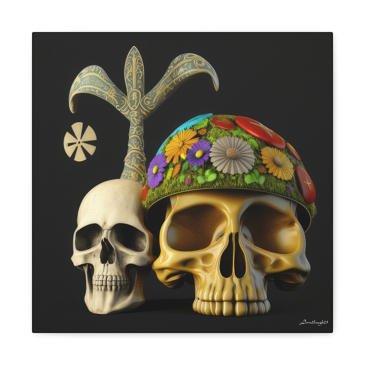 Double Skull With Yellow White Purple Flowers Canvas Gallery Wraps