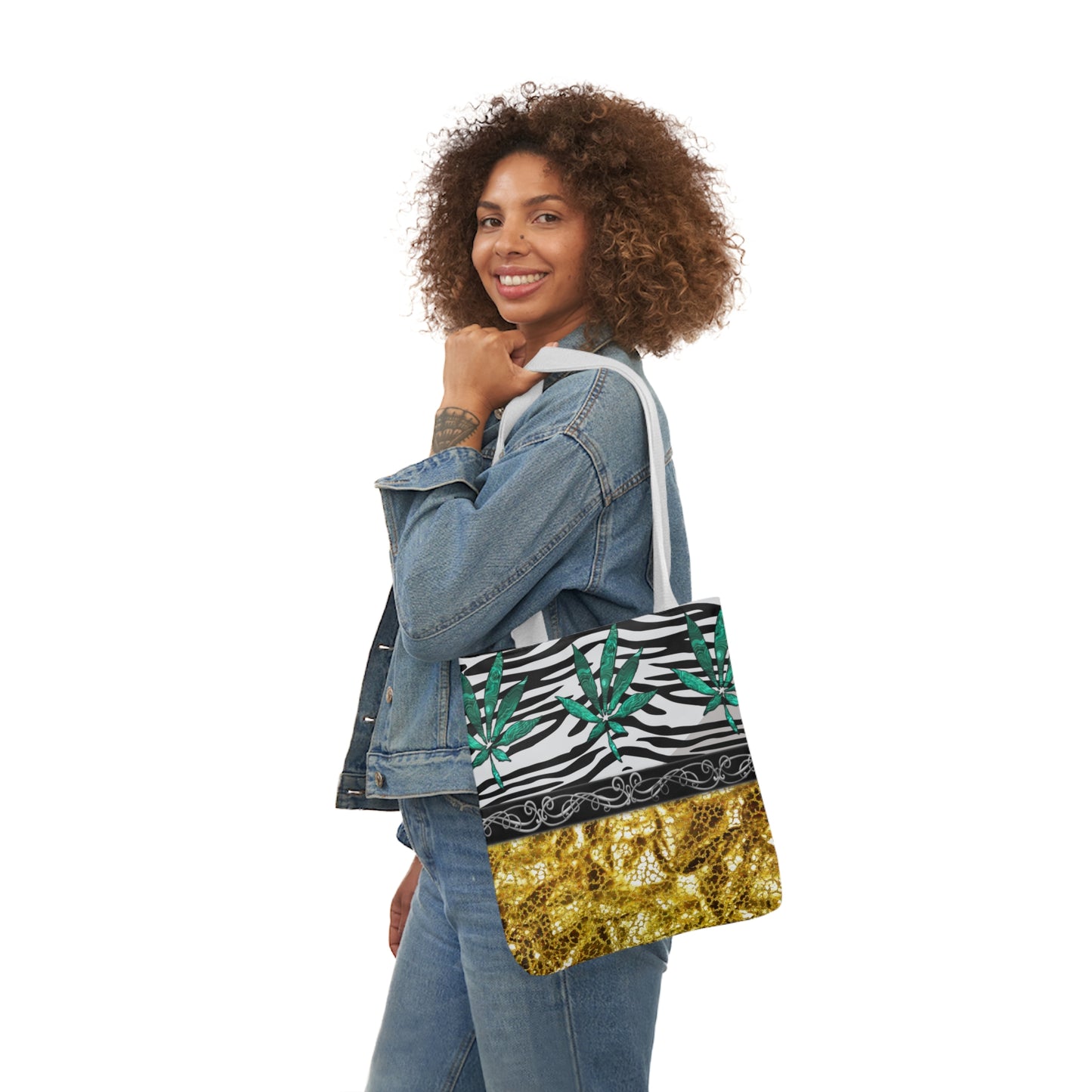 Gold And Zebra White And Black Marijuana Pot Weed Leaf 420 Weed Pot Marijuana Leaf Polyester Canvas Tote Bag (AOP)