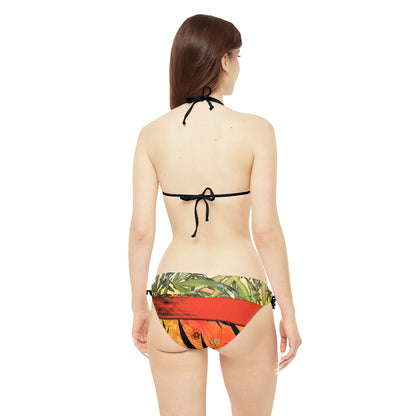 Beautiful Redish Orange Banded Marijuana 420 Pot Weed Leaf Strappy Bikini Set (AOP)