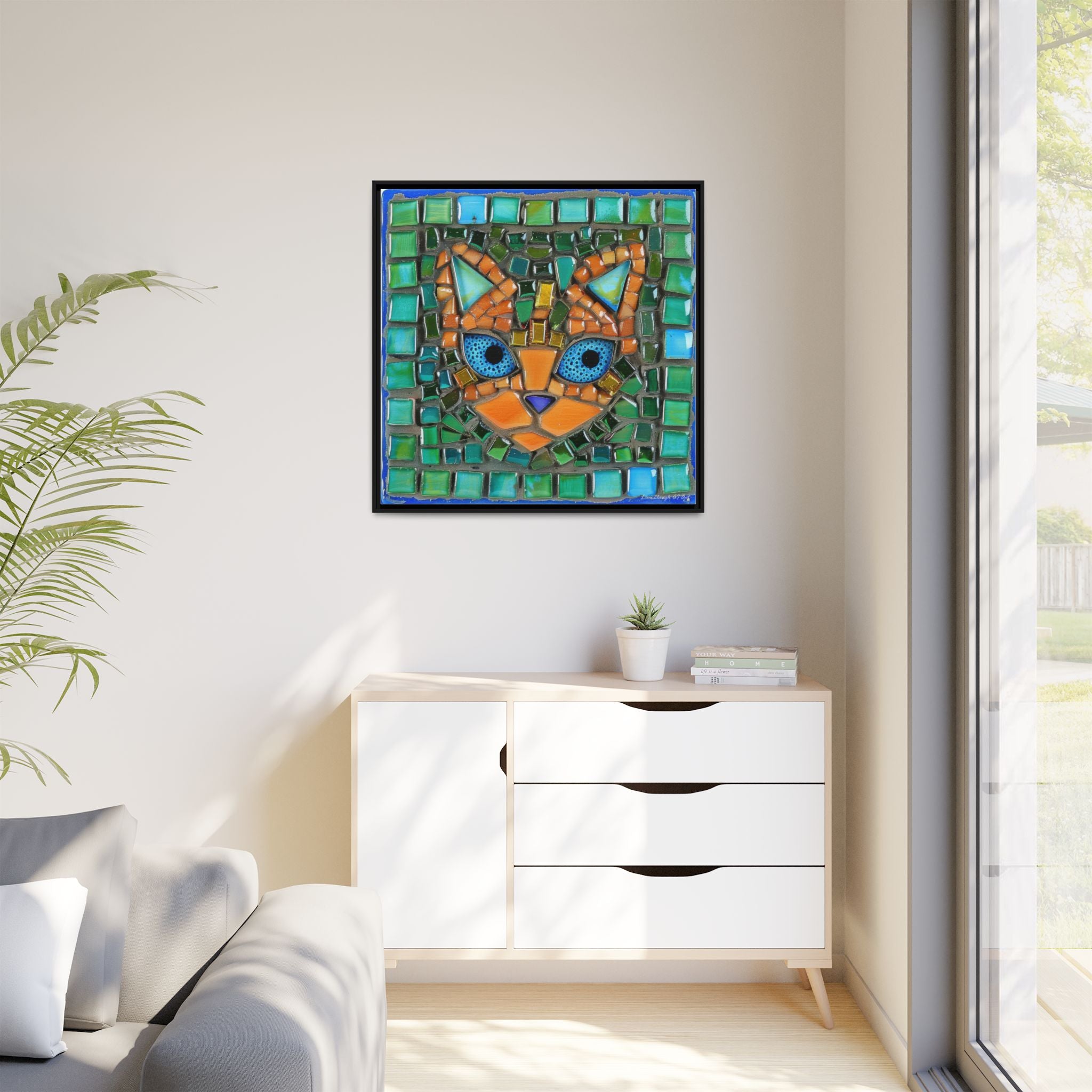 "Emerald Eyes Mosaic Cat", Framed Mosaic Cat Art Print — Colorful Modern Wall Canvas