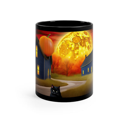 Fall Season Leads to Beautiful Colors Of the Sky, Trees Leaves, Moon And Pumpkins, Black Cat 11oz Black Mug