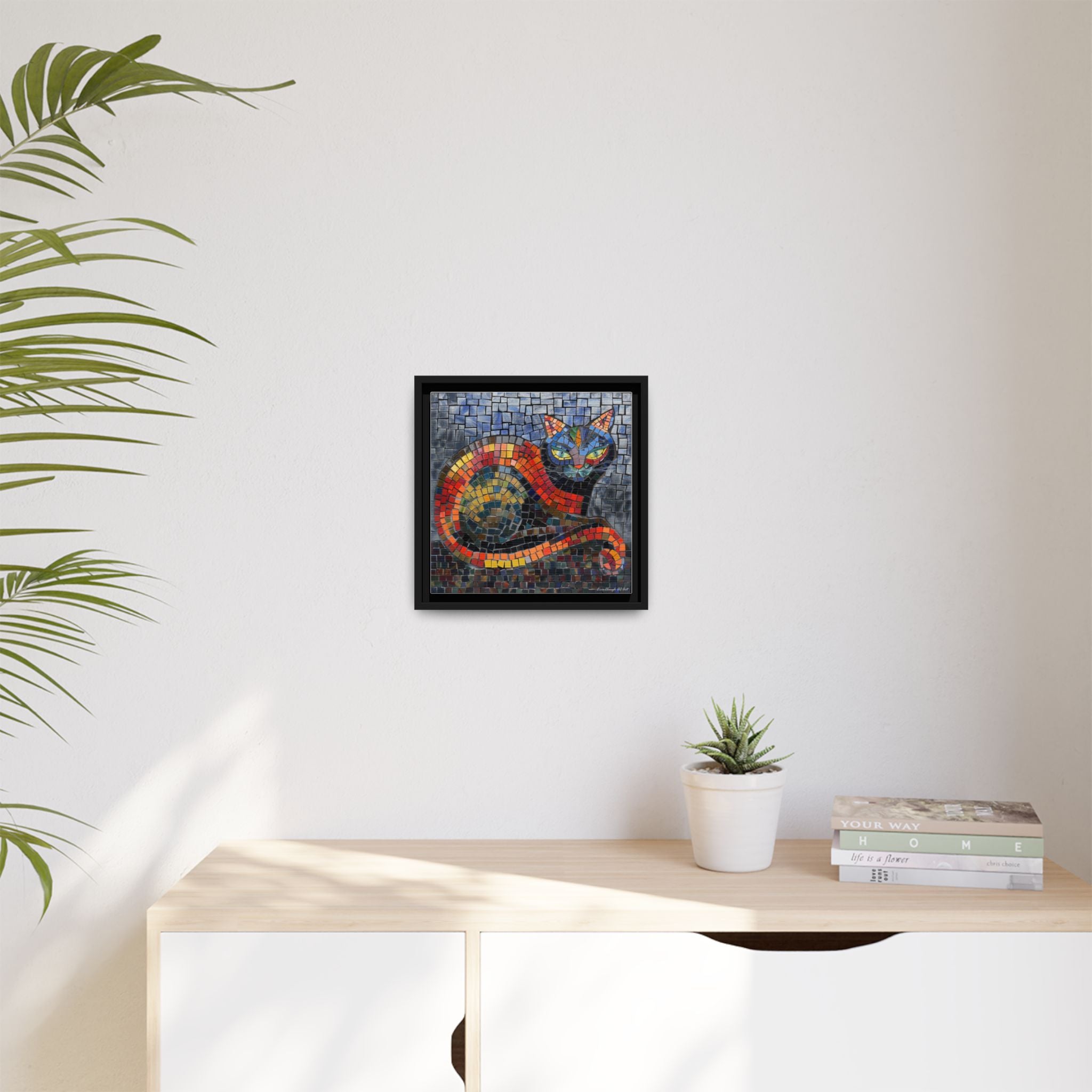 Mystic Shadows: The Enigmatic Cat, Framed Mosaic Cat Art Print — Colorful Modern Wall Canvas