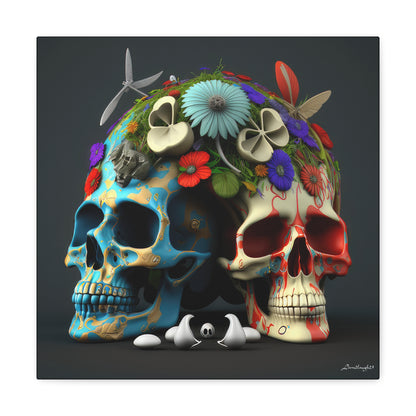 Double Skull With Blue Red  Flowers Canvas Gallery Wraps