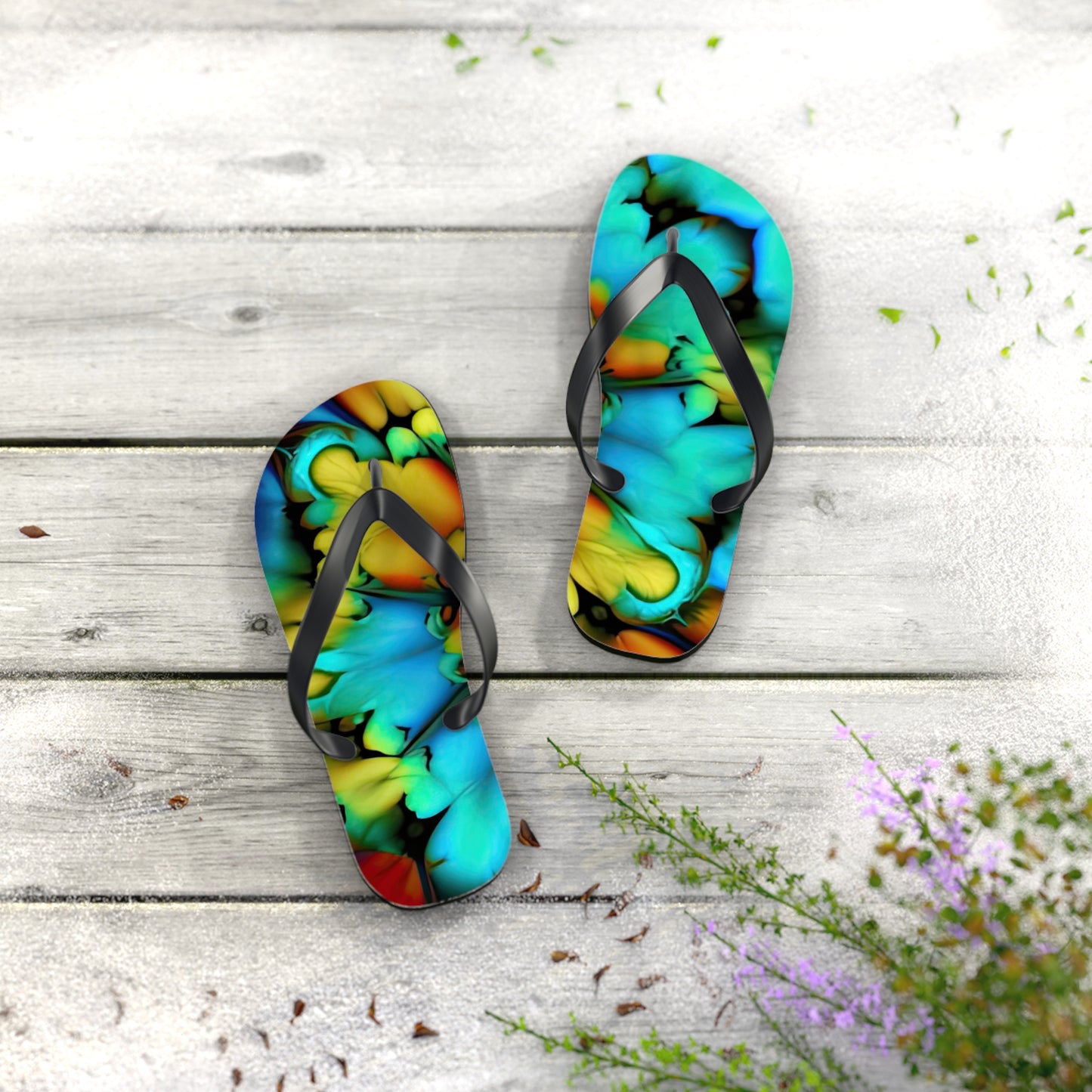 Bold And Beautiful Tie Dye B 3 Blue Yellow Flip Flops