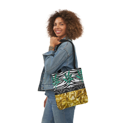 Gold And Zebra White And Black Marijuana Pot Weed Leaf 420 Weed Pot Marijuana Leaf Polyester Canvas Tote Bag (AOP)