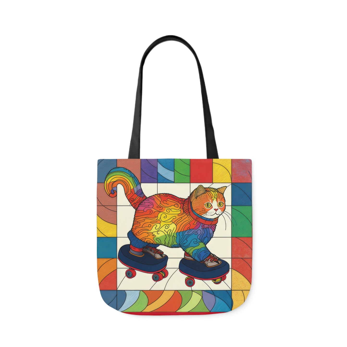 Gorgeous Rainbow Cat Riding A Skate/Skateboard With Rainbow Border Polyester Canvas Tote Bag (AOP)