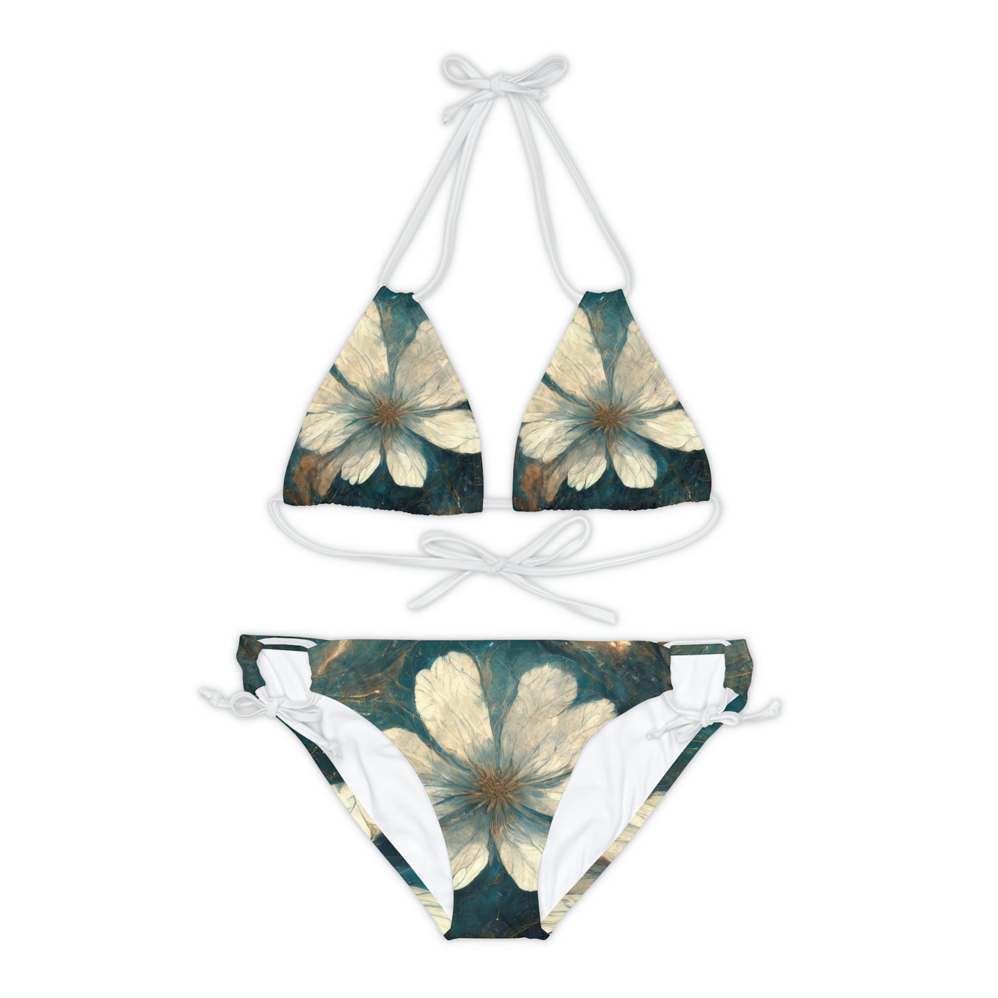 Bold And Beautiful White, Grey And Blue Floral Style 1 Strappy Bikini Set (AOP)