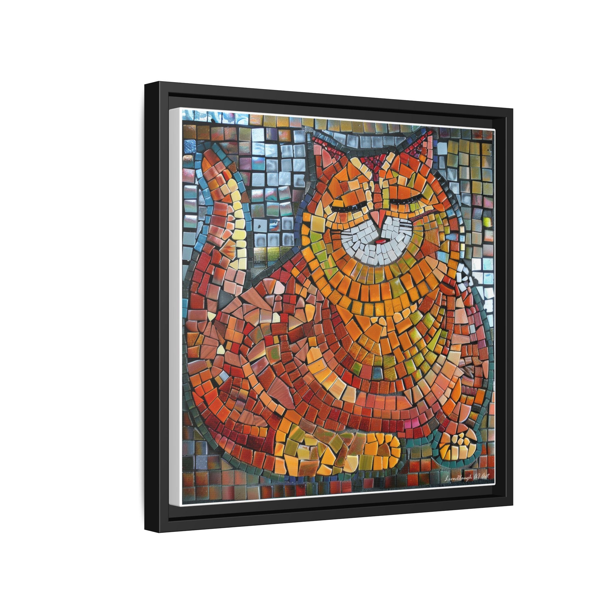 Radiant Whiskers: The Joyful Cat, Framed Mosaic Cat Art Print — Colorful Modern Wall Canvas