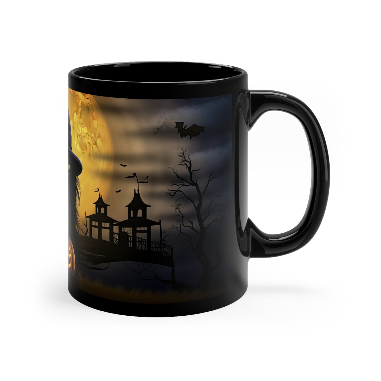 Gothic Witch Cat With Breathtaking Moon With Double Smile Carved Halloween Pumpkins 11oz Black Mug