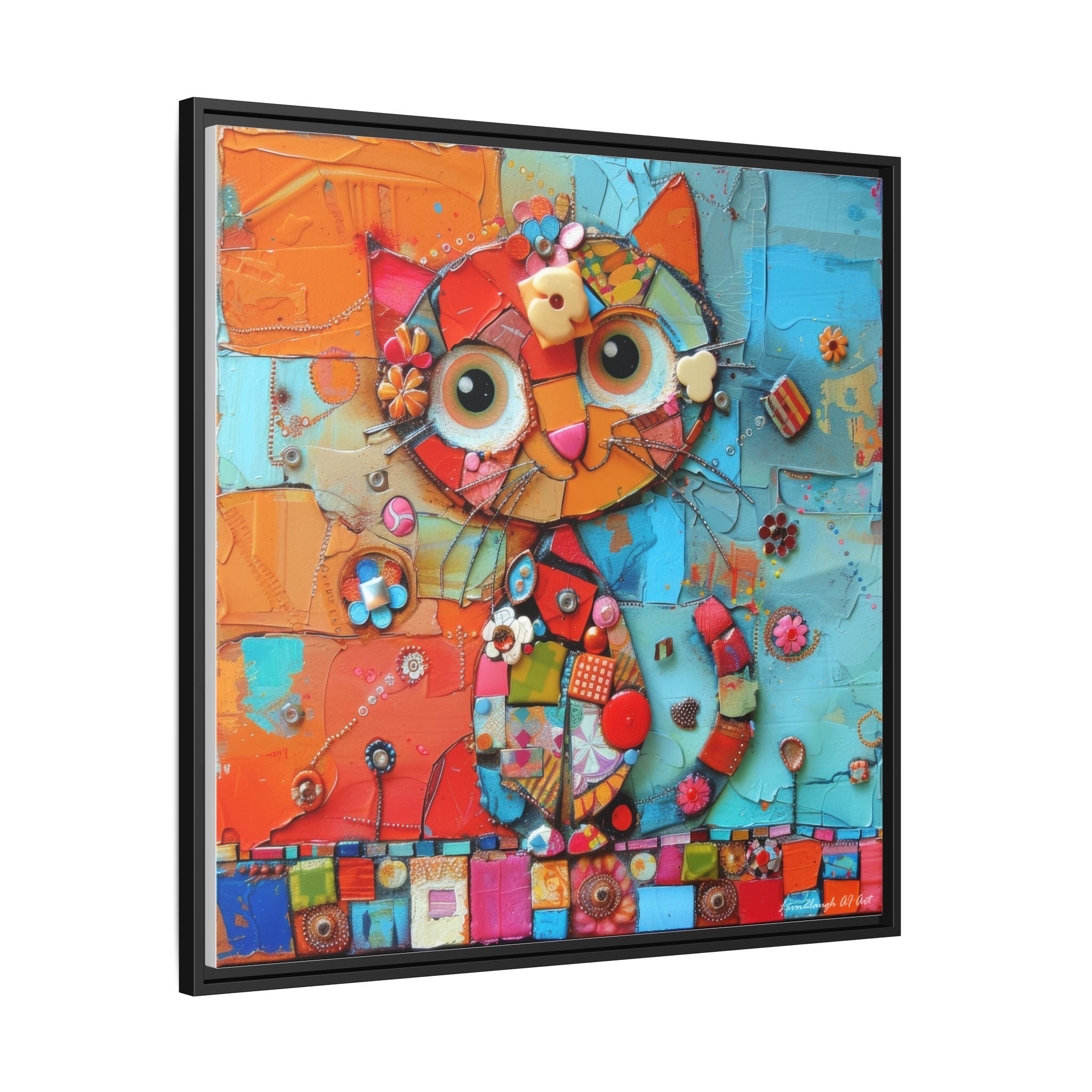 "Whimsical Mosaic Cat", Framed Mosaic Cat Art Print — Colorful Modern Wall Canvas