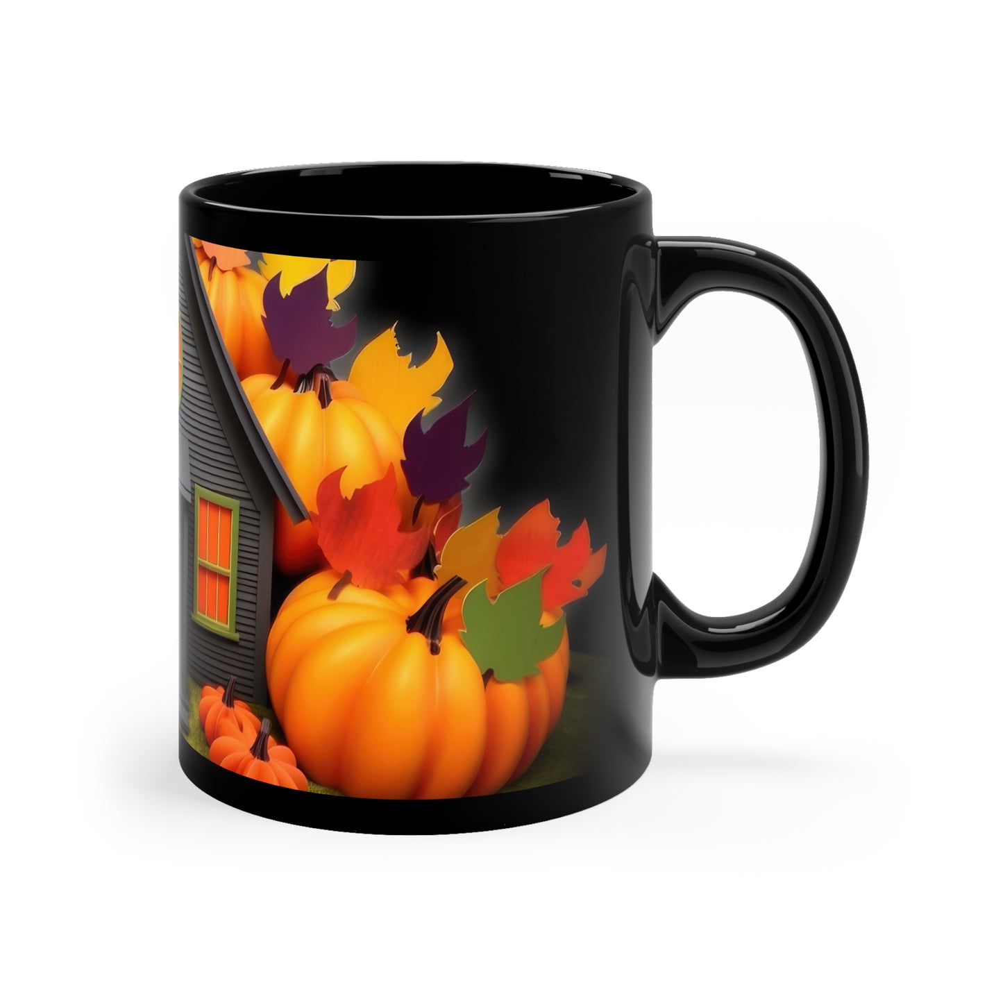 Homey Fall Time Pumpkins Theme With Black Cat 11oz Black Mug