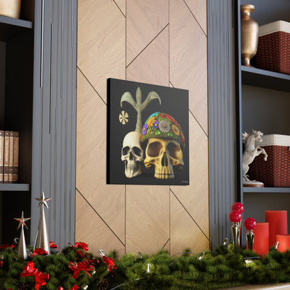 Double Skull With Yellow White Purple Flowers Canvas Gallery Wraps