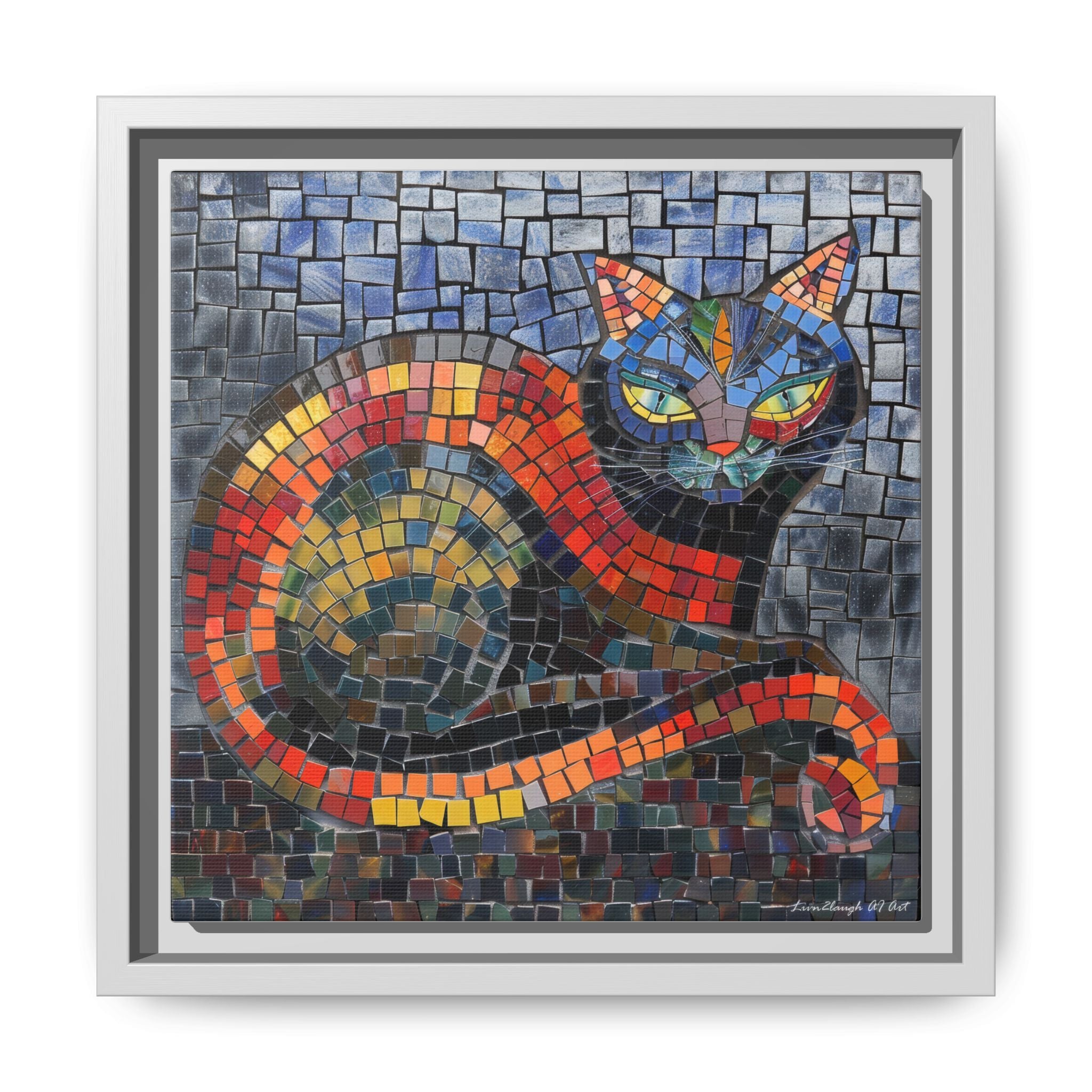 Mystic Shadows: The Enigmatic Cat, Framed Mosaic Cat Art Print — Colorful Modern Wall Canvas