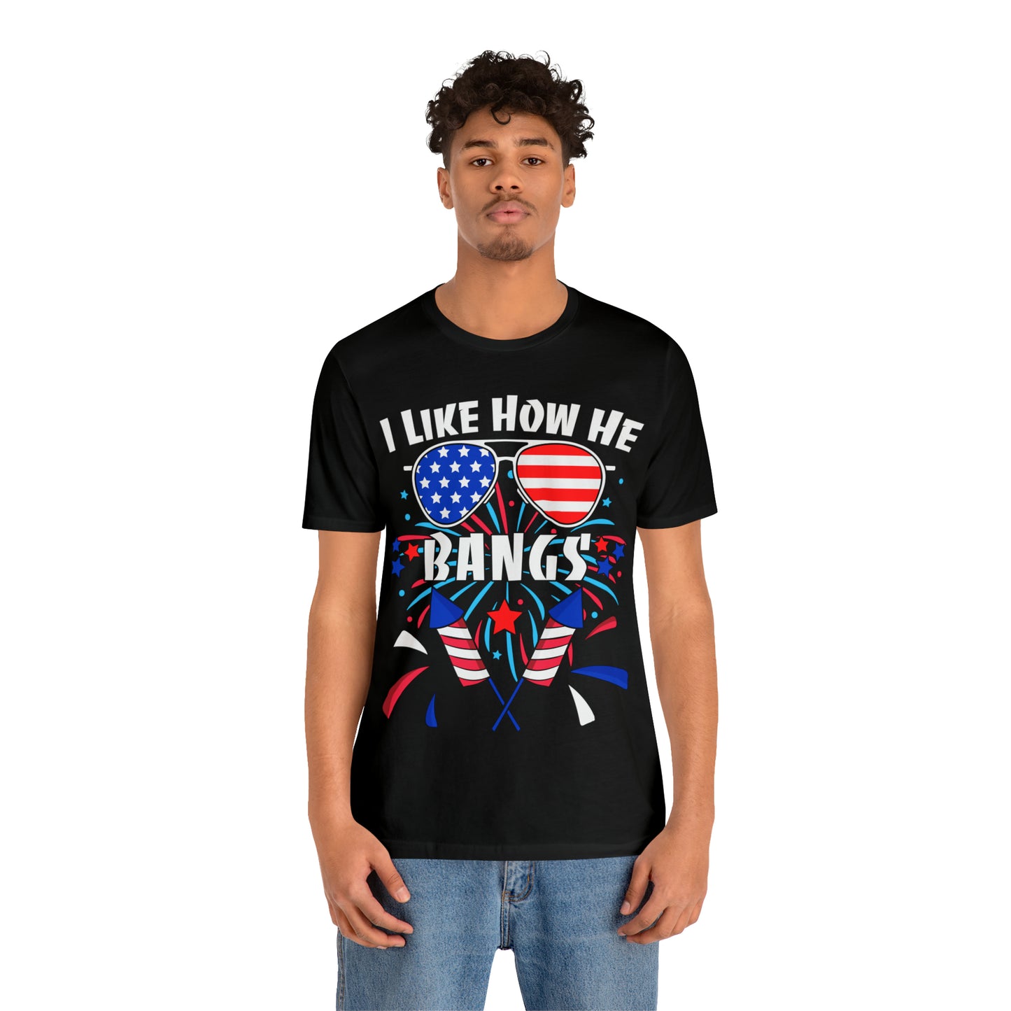 I Like How He Bangs American Flag, Fourth Of July 4th , American Flag Glasses Unisex Jersey Short Sleeve Tee