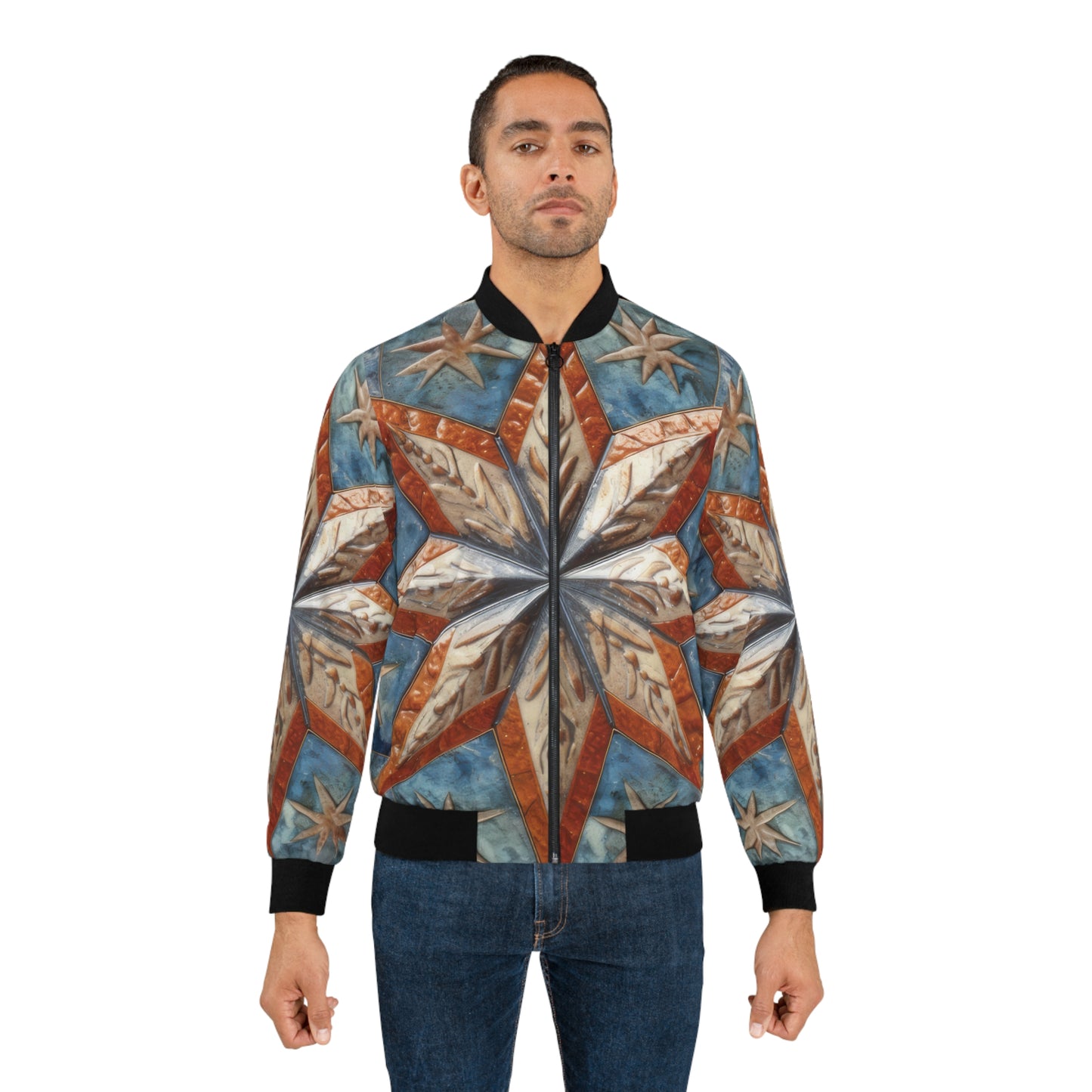 Beautiful Stars Abstract Star Style Orange, White And Blue Men's Bomber Jacket (AOP)