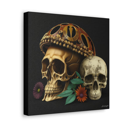 Double Skull With One Colorful Beautifully Detailed Helmet Purple Orange Flowers Canvas Gallery Wraps