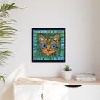 "Emerald Eyes Mosaic Cat", Framed Mosaic Cat Art Print — Colorful Modern Wall Canvas